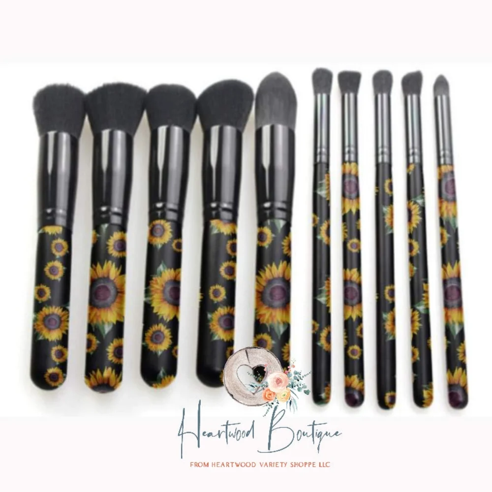 Cowprint makeup brush set 10pc western sunflower stripe horse cowboy Retro new - Picture 3 of 4
